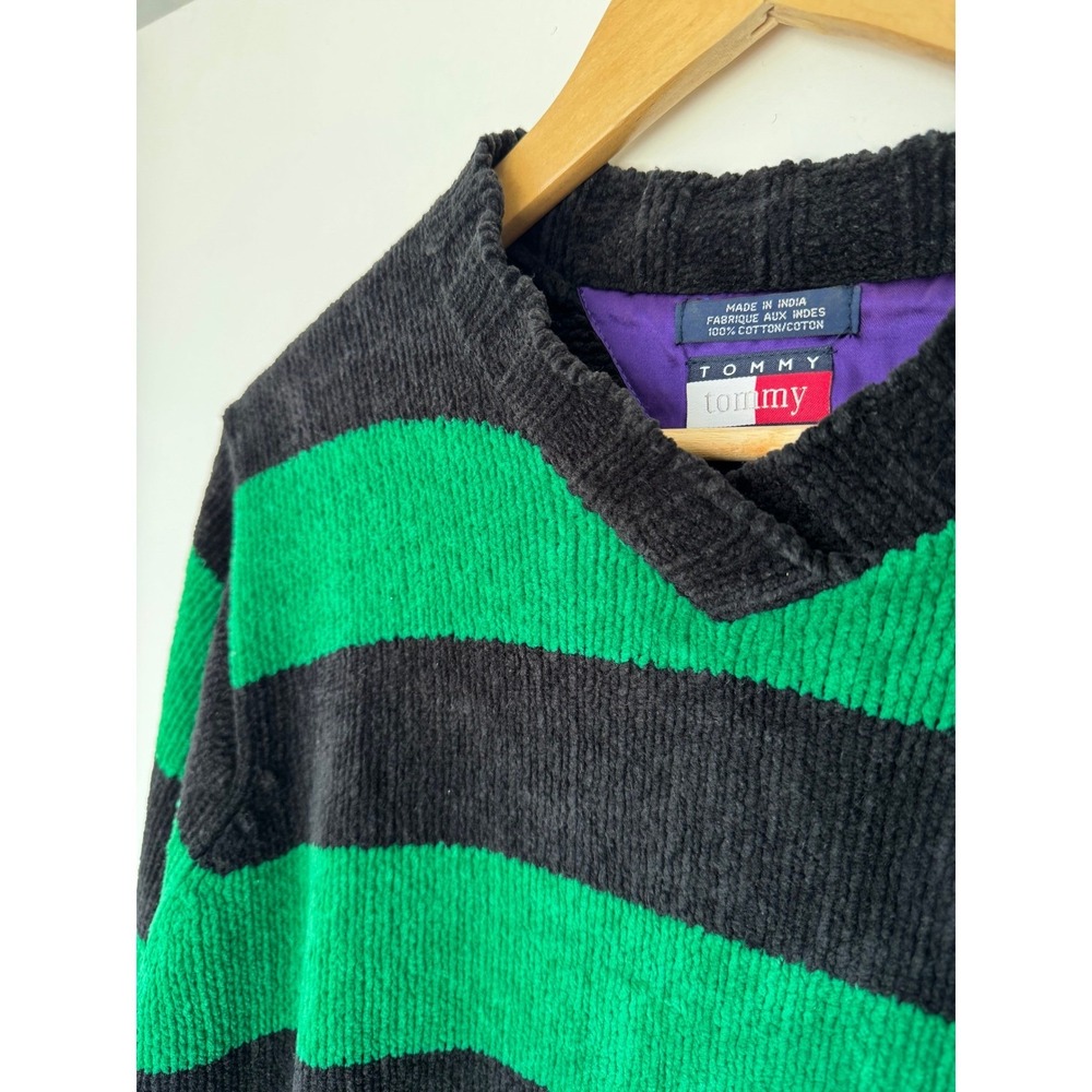 Men's VTG 90s Tommy‎ Hilfiger Chenille Knit Sweater M Green Black Striped Grunge